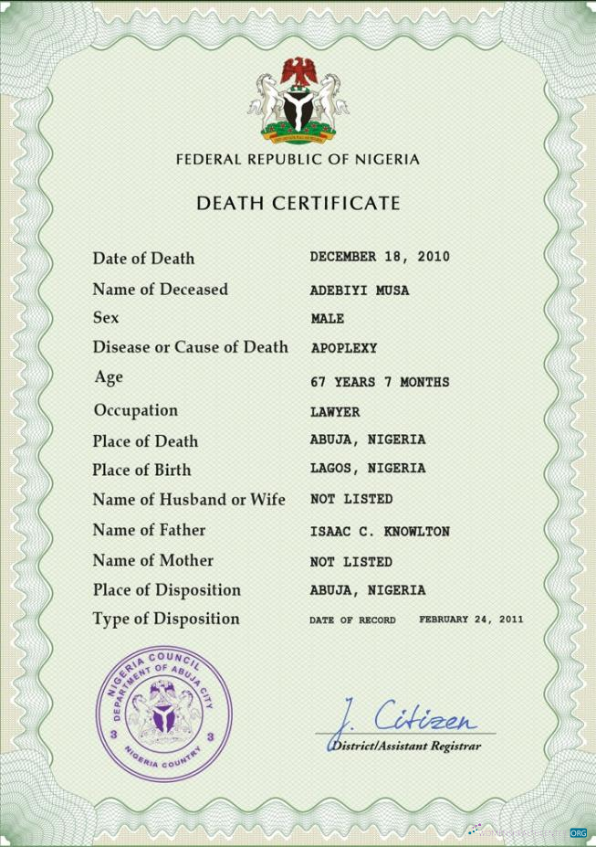 Download Nigeria vital record death certificate PSD template Photoshop template